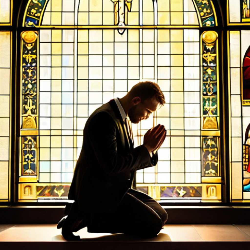 **Image Prompt:** A modern stained-glass window depicting a businessman kneeling in prayer before a financial chart displaying both gains and charitable donations. Golden light streams down, illuminating the scene. The style should be reminiscent of classic religious art but with contemporary elements.