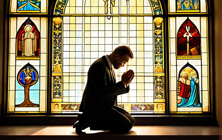 **Image Prompt:** A modern stained-glass window depicting a businessman kneeling in prayer before a financial chart displaying both gains and charitable donations. Golden light streams down, illuminating the scene. The style should be reminiscent of classic religious art but with contemporary elements.