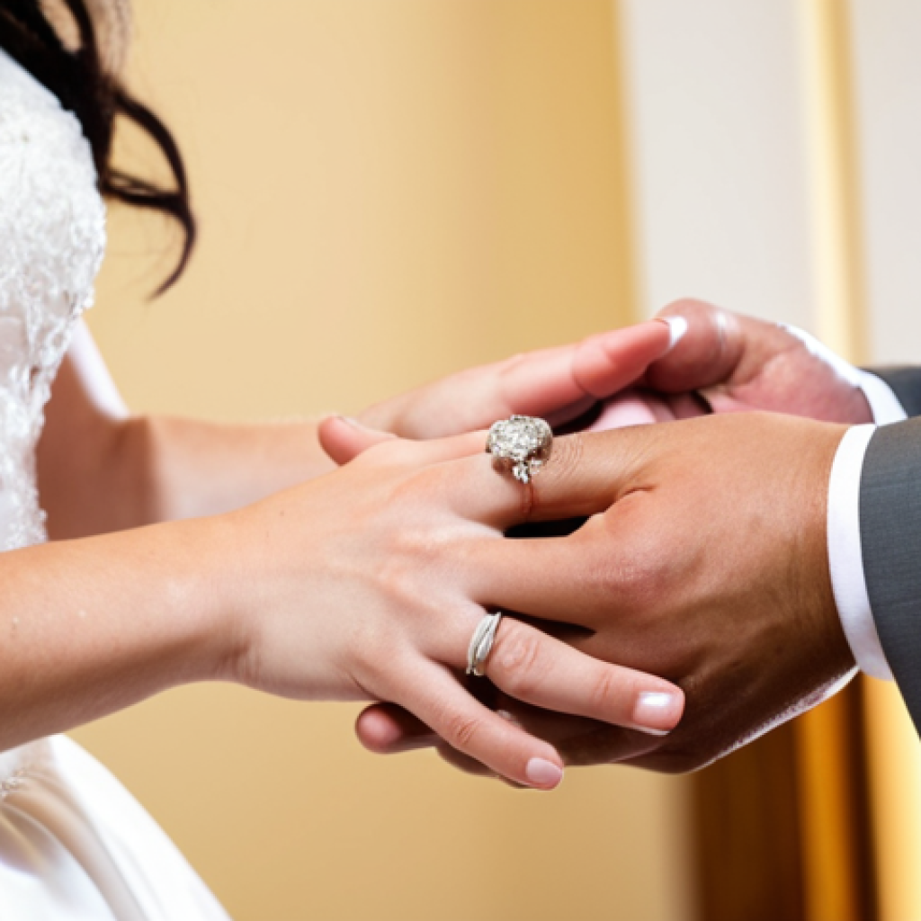 **Prompt:** A Christian wedding ceremony with the bride and groom exchanging rings. Focus on the detail of the rings and the couple's hands. Soft, romantic lighting. In the background, subtly display a bible open to 1 Corinthians