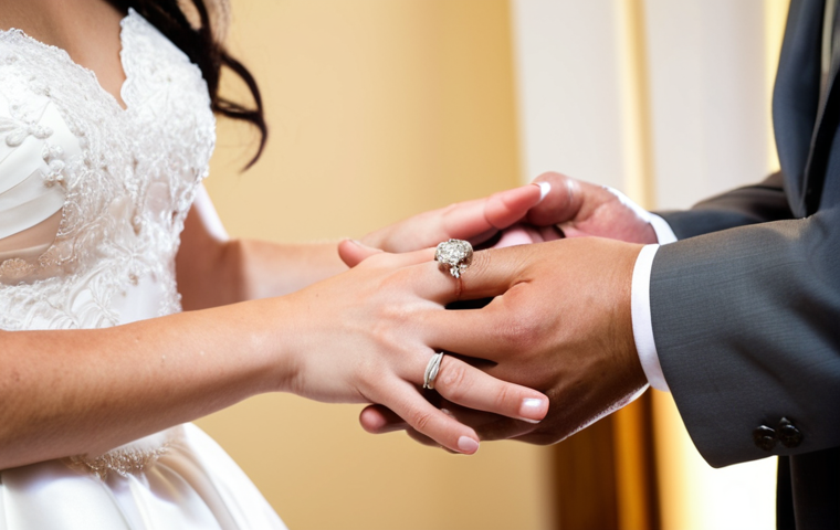 **Prompt:** A Christian wedding ceremony with the bride and groom exchanging rings. Focus on the detail of the rings and the couple's hands. Soft, romantic lighting. In the background, subtly display a bible open to 1 Corinthians