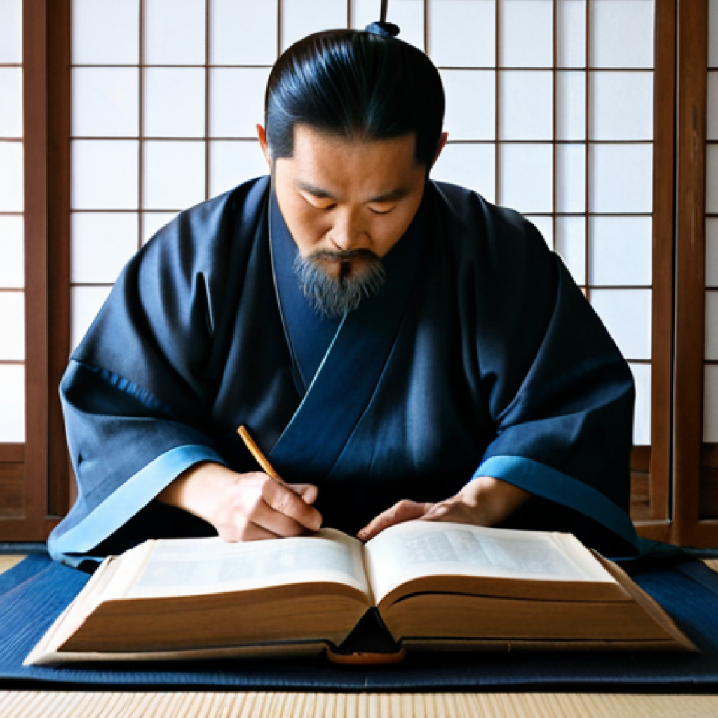 A focused, middle-aged Korean scholar, wearing traditional, modest Joseon-era scholar's robes in deep blues and grays, perfectly tailored. He is seated cross-legged on a traditional Korean floor mat within a serene, softly lit hanok study. Piles of ancient books and scrolls, some bound in traditional style, are neatly arranged on low wooden tables. One open, foreign-looking book with unfamiliar script is illuminated by natural light filtering through a paper screen window. The scholar is engrossed in the book, a look of deep intellectual curiosity and thoughtful contemplation on his face. His hands are perfectly formed, gently resting on the pages. Professional photography, high detail, realistic lighting, muted historical color palette, perfect anatomy, correct proportions, natural pose, well-formed hands, proper finger count, natural body proportions, safe for work, appropriate content, fully clothed, modest clothing, family-friendly.