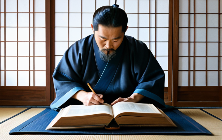 A focused, middle-aged Korean scholar, wearing traditional, modest Joseon-era scholar's robes in deep blues and grays, perfectly tailored. He is seated cross-legged on a traditional Korean floor mat within a serene, softly lit hanok study. Piles of ancient books and scrolls, some bound in traditional style, are neatly arranged on low wooden tables. One open, foreign-looking book with unfamiliar script is illuminated by natural light filtering through a paper screen window. The scholar is engrossed in the book, a look of deep intellectual curiosity and thoughtful contemplation on his face. His hands are perfectly formed, gently resting on the pages. Professional photography, high detail, realistic lighting, muted historical color palette, perfect anatomy, correct proportions, natural pose, well-formed hands, proper finger count, natural body proportions, safe for work, appropriate content, fully clothed, modest clothing, family-friendly.