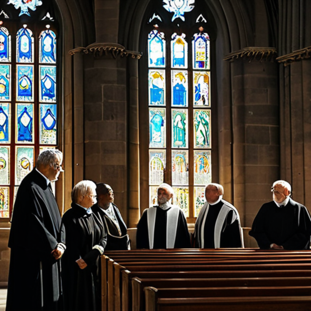A diverse group of adults and older individuals, fully clothed in modest, professional attire, standing reverently in an ancient cathedral during a quiet service. Sunlight streams through gothic stained-glass windows, illuminating dust motes in the air. The atmosphere is serene and contemplative, highlighting the architectural beauty of aged wood and stone. This image captures a timeless moment of profound connection and introspection, safe for work, appropriate content, family-friendly. Perfect anatomy, correct proportions, natural pose, well-formed hands, proper finger count, natural body proportions, professional photography, high quality.