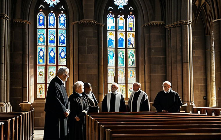 A diverse group of adults and older individuals, fully clothed in modest, professional attire, standing reverently in an ancient cathedral during a quiet service. Sunlight streams through gothic stained-glass windows, illuminating dust motes in the air. The atmosphere is serene and contemplative, highlighting the architectural beauty of aged wood and stone. This image captures a timeless moment of profound connection and introspection, safe for work, appropriate content, family-friendly. Perfect anatomy, correct proportions, natural pose, well-formed hands, proper finger count, natural body proportions, professional photography, high quality.