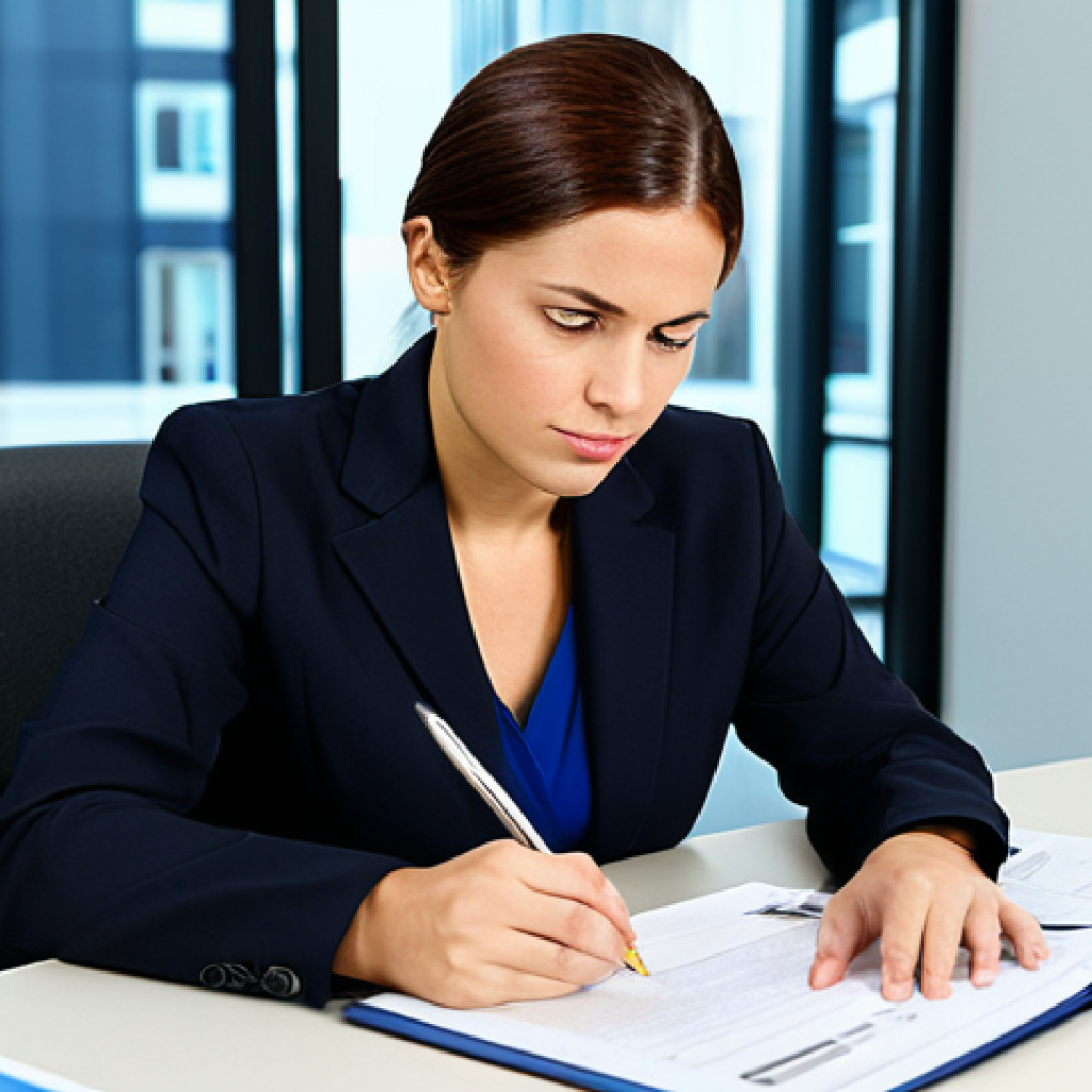 Businesswoman in Office**

"A professional businesswoman in a modest business suit, sitting at a desk in a modern office, fully clothed, appropriate attire, safe for work, perfect anatomy, natural proportions, professional photography, high quality, corporate environment, serious expression, holding a pen, reviewing documents, natural lighting, focus on professionalism, family-friendly."

**