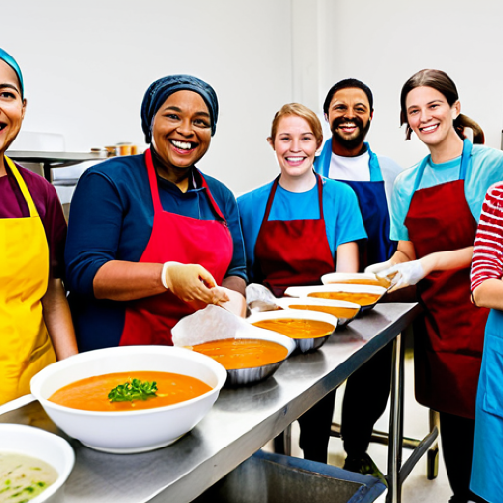 **

A diverse group of people volunteering at a local soup kitchen, serving food and interacting with smiles, fully clothed in modest attire, bright and cheerful atmosphere, representing generosity and community service, safe for work, appropriate content, perfect anatomy, natural proportions, professional photography, family-friendly.

**