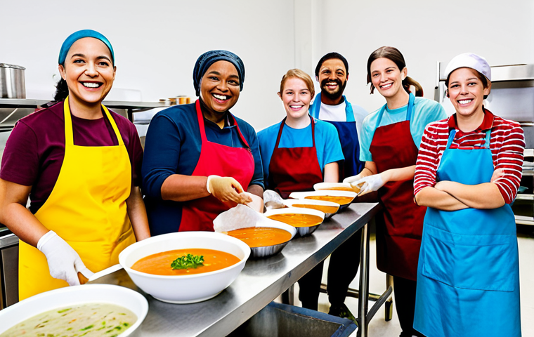 **
A diverse group of people volunteering at a local soup kitchen, serving food and interacting with smiles, fully clothed in modest attire, bright and cheerful atmosphere, representing generosity and community service, safe for work, appropriate content, perfect anatomy, natural proportions, professional photography, family-friendly.
**