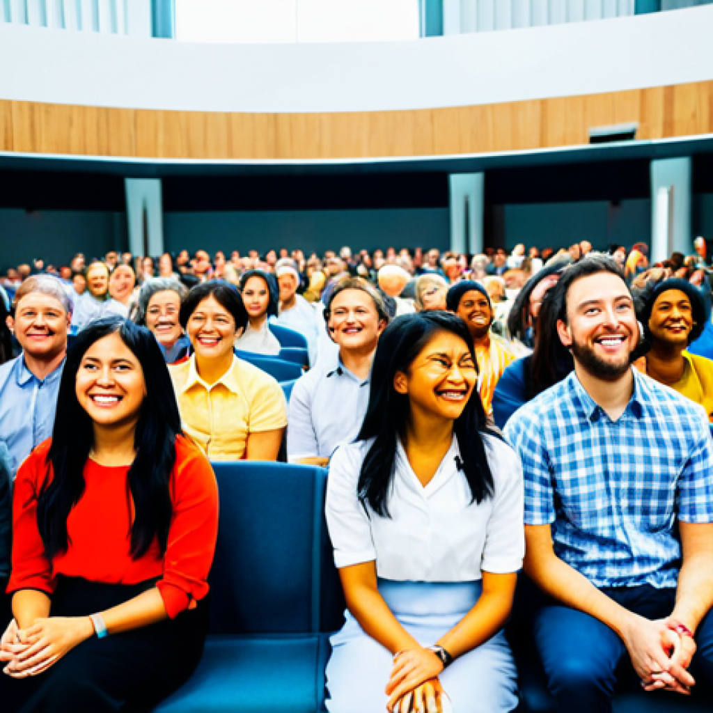 **Image Prompt:** A diverse group of people participating in a vibrant, modern church service with contemporary music and multimedia presentations. The setting is a large, well-lit auditorium. Focus on the sense of community and joyful engagement. fully clothed, appropriate attire, safe for work, perfect anatomy, natural proportions, professional photography, high quality, family-friendly.