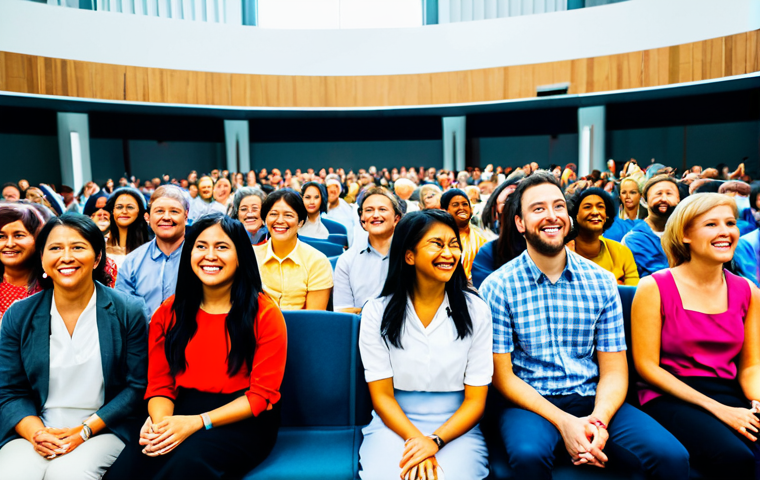 **Image Prompt:** A diverse group of people participating in a vibrant, modern church service with contemporary music and multimedia presentations. The setting is a large, well-lit auditorium. Focus on the sense of community and joyful engagement. fully clothed, appropriate attire, safe for work, perfect anatomy, natural proportions, professional photography, high quality, family-friendly.
