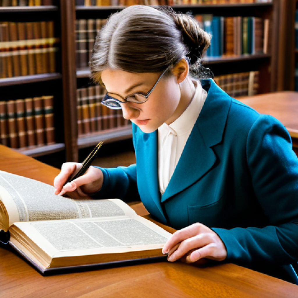 **Historical Accuracy in Focus:** "A librarian in a well-lit, academic library, surrounded by historical texts and documents. She is carefully examining an old manuscript with a magnifying glass. Fully clothed in professional attire, safe for work, appropriate content, perfect anatomy, correct proportions, family-friendly, emphasizing the importance of accurate historical research."