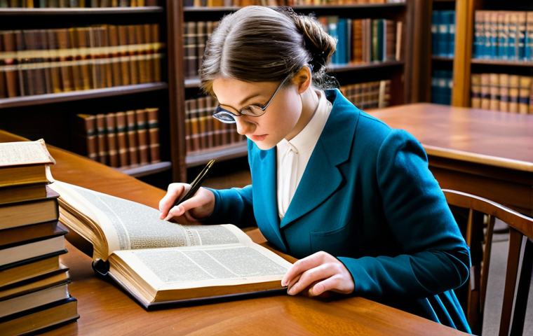 **Historical Accuracy in Focus:** "A librarian in a well-lit, academic library, surrounded by historical texts and documents. She is carefully examining an old manuscript with a magnifying glass. Fully clothed in professional attire, safe for work, appropriate content, perfect anatomy, correct proportions, family-friendly, emphasizing the importance of accurate historical research."