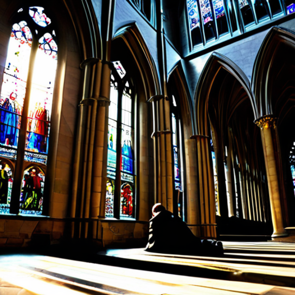 기독교와 예술 - Gothic Cathedral Interior**
"The interior of a grand Gothic cathedral, sunlight streaming through s...