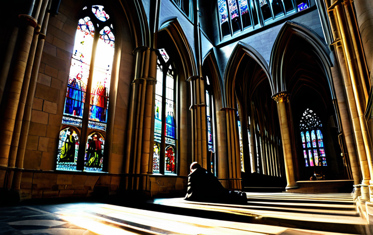 기독교와 예술 - Gothic Cathedral Interior**
"The interior of a grand Gothic cathedral, sunlight streaming through s...