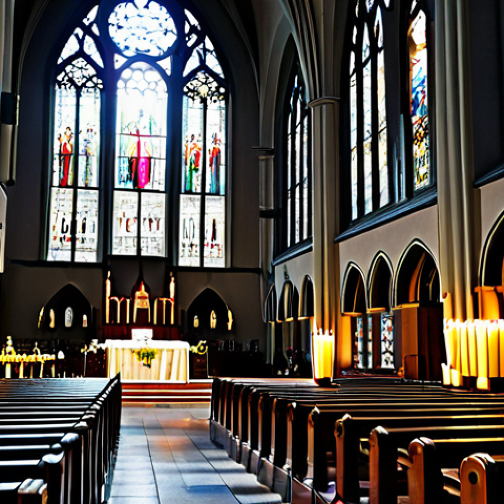 기독교 교단별 특징 - Catholic Tradition**

"Grand interior of a Catholic cathedral, sunlight streaming through stained gl...