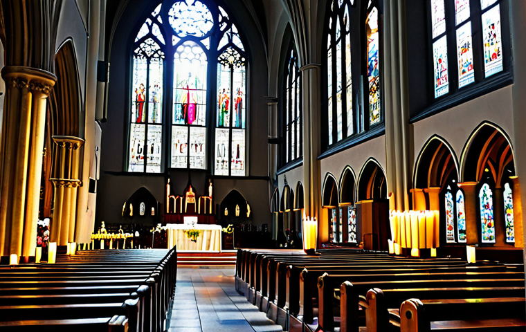 기독교 교단별 특징 - Catholic Tradition**
"Grand interior of a Catholic cathedral, sunlight streaming through stained gl...
