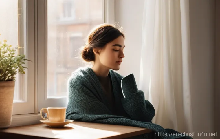 기독교 명상과 기도 - **Prompt:** A young adult, of any gender, sits serenely in a sunlit, cozy corner by a window. They a...
