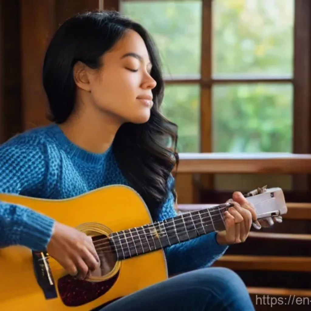 기독교와 워십 리더 - **Prompt:** A worship leader, a woman in her late 20s to early 30s, sitting peacefully in a sunlit h...