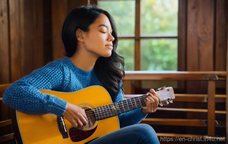 기독교와 워십 리더 - **Prompt:** A worship leader, a woman in her late 20s to early 30s, sitting peacefully in a sunlit h...