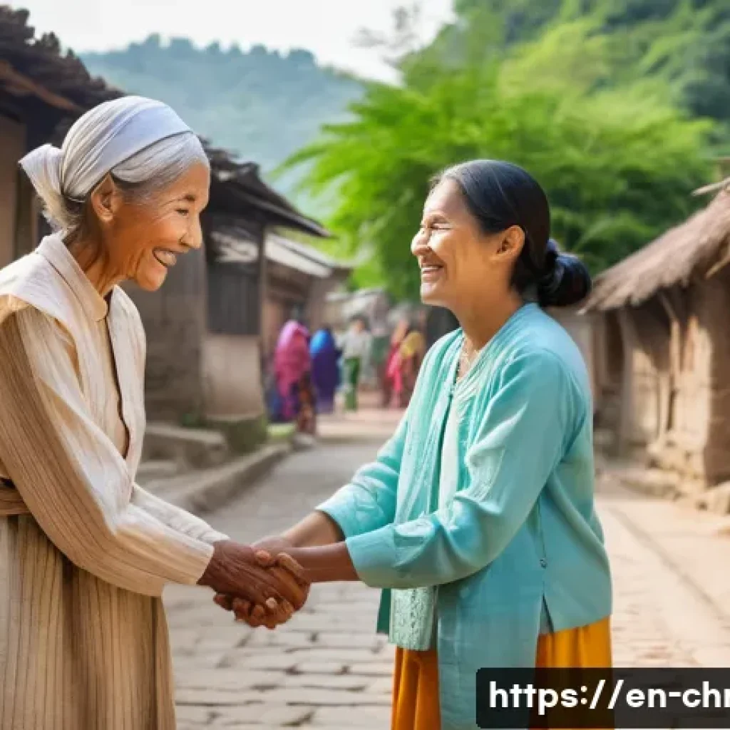 기독교와 외국어 사역 - **Prompt:** A heartwarming scene depicting genuine cross-cultural connection in a vibrant village se...