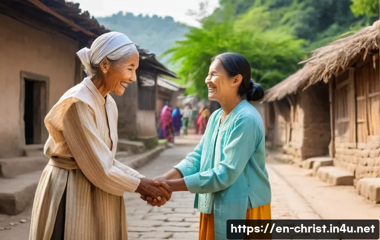 기독교와 외국어 사역 - **Prompt:** A heartwarming scene depicting genuine cross-cultural connection in a vibrant village se...