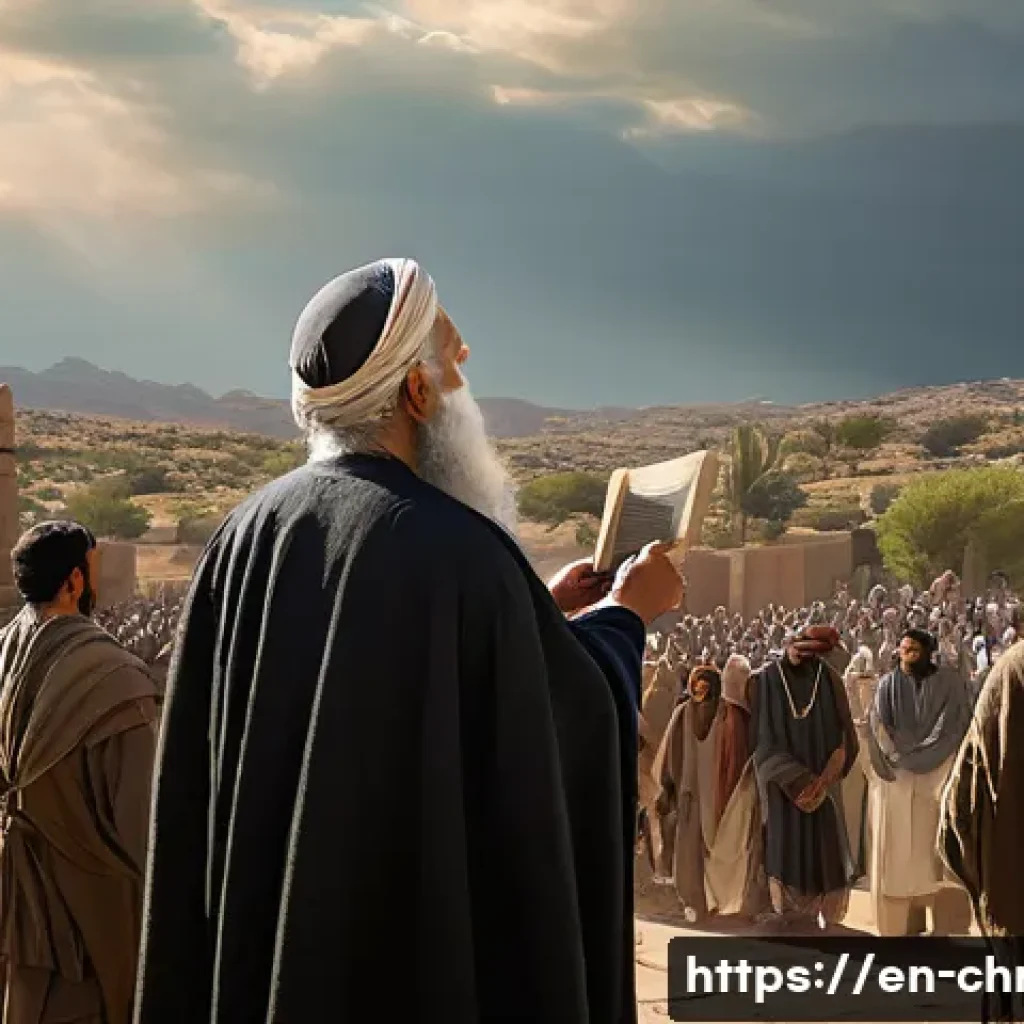 구약 성서와 신약 성서 차이 - **Prompt:** An ancient scene depicting a reverent prophet, reminiscent of Moses or Isaiah, standing ...