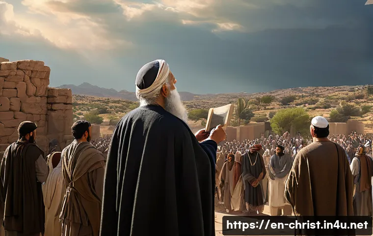 구약 성서와 신약 성서 차이 - **Prompt:** An ancient scene depicting a reverent prophet, reminiscent of Moses or Isaiah, standing ...