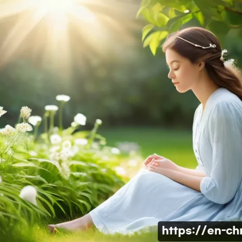기독교와 재능 기부 - **Prompt:** A serene, introspective woman sits peacefully in a sun-dappled garden, surrounded by lus...