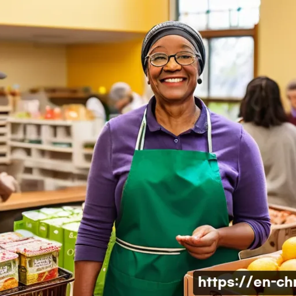 기독교와 사회적 영향 - A warm, inviting scene inside a bustling church-run food pantry in an urban neighborhood, diverse vo...
