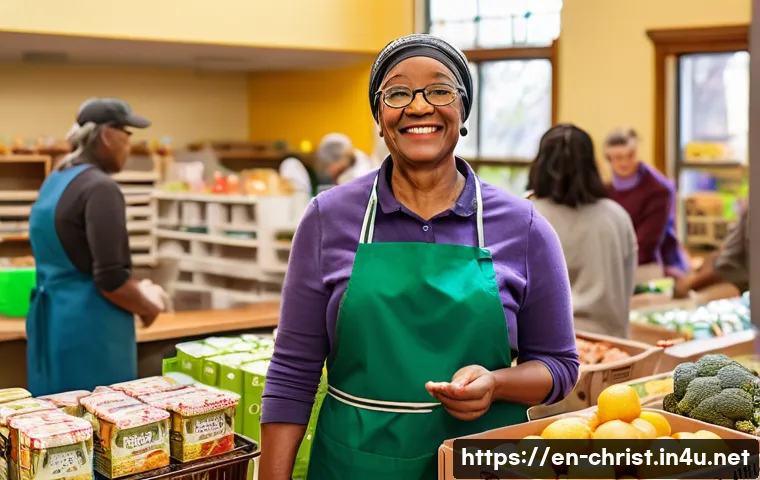 기독교와 사회적 영향 - A warm, inviting scene inside a bustling church-run food pantry in an urban neighborhood, diverse vo...