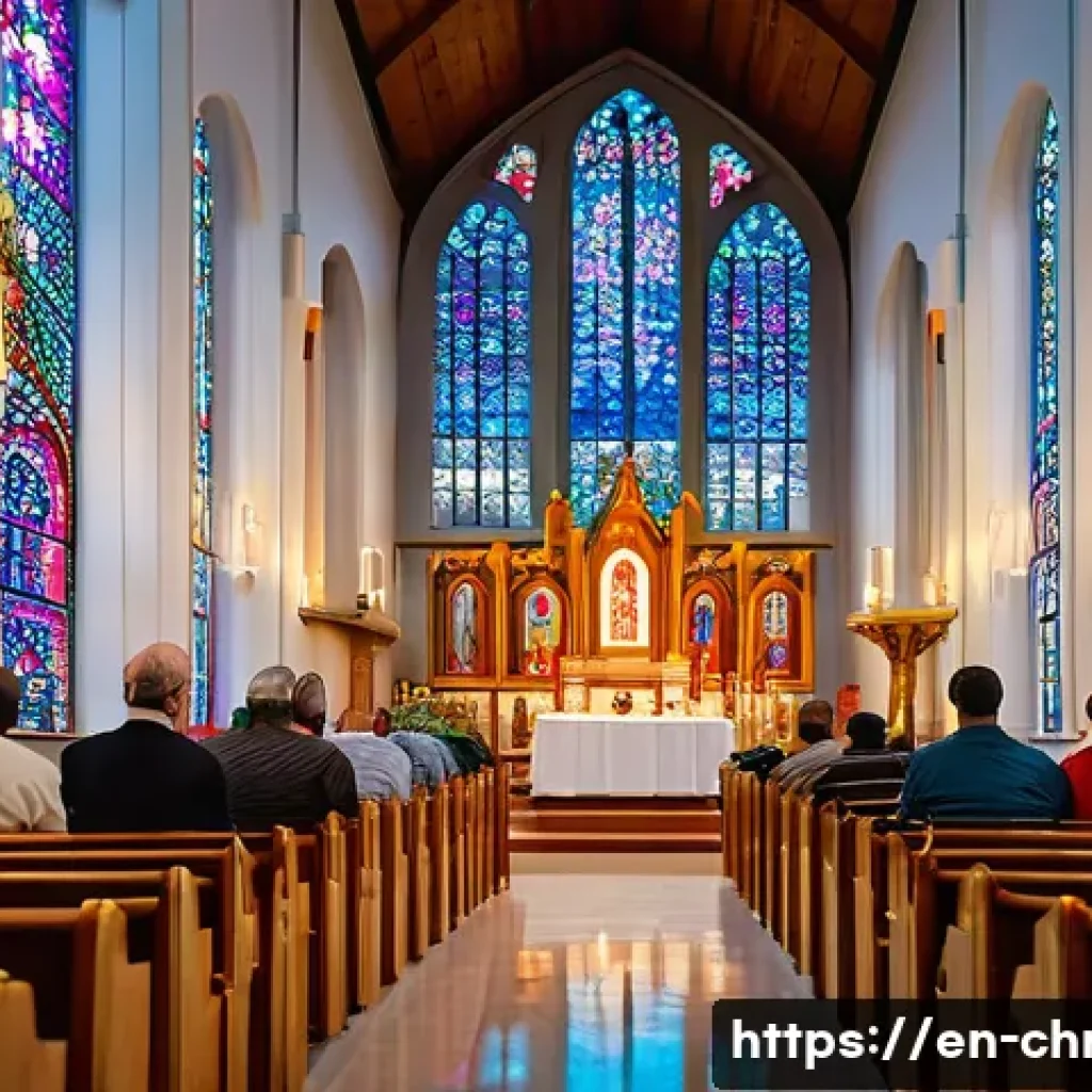 기독교와 힌두교 비교 - A serene and detailed scene inside a grand Christian church during a communal worship service, featu...