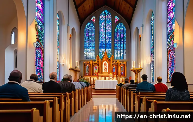 기독교와 힌두교 비교 - A serene and detailed scene inside a grand Christian church during a communal worship service, featu...