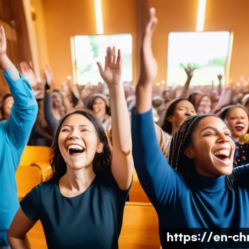 기독교의 성령 집회 - A diverse group of people engaged in Spirit-led worship inside a modern church sanctuary, expressive...