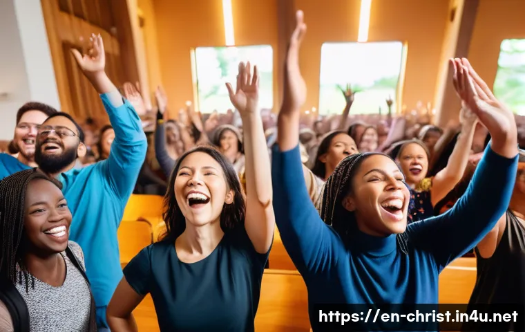 기독교의 성령 집회 - A diverse group of people engaged in Spirit-led worship inside a modern church sanctuary, expressive...