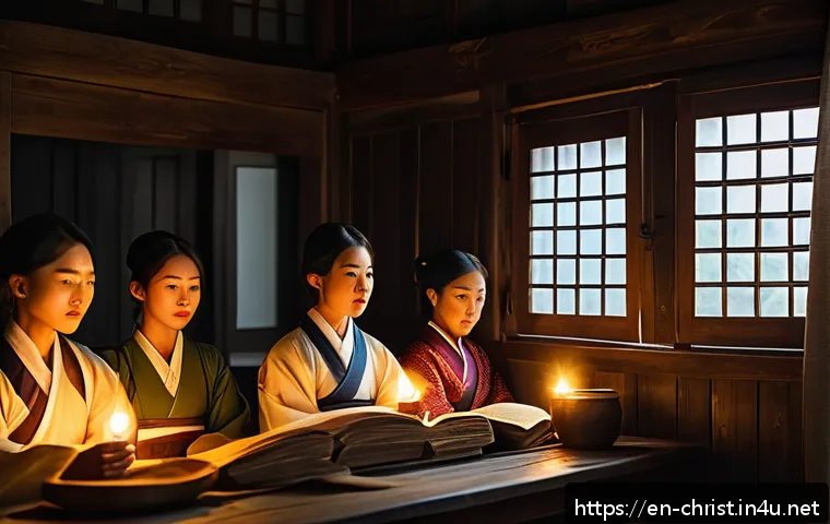 일제 강점기와 한국 기독교 - A secret gathering of diverse Korean Christians during the colonial era, meeting quietly in a dimly ...