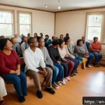 기독교와 자살 예방 - A warm, inviting community circle of diverse adults sitting in a cozy church fellowship hall, sharin...