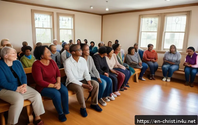 기독교와 자살 예방 - A warm, inviting community circle of diverse adults sitting in a cozy church fellowship hall, sharin...