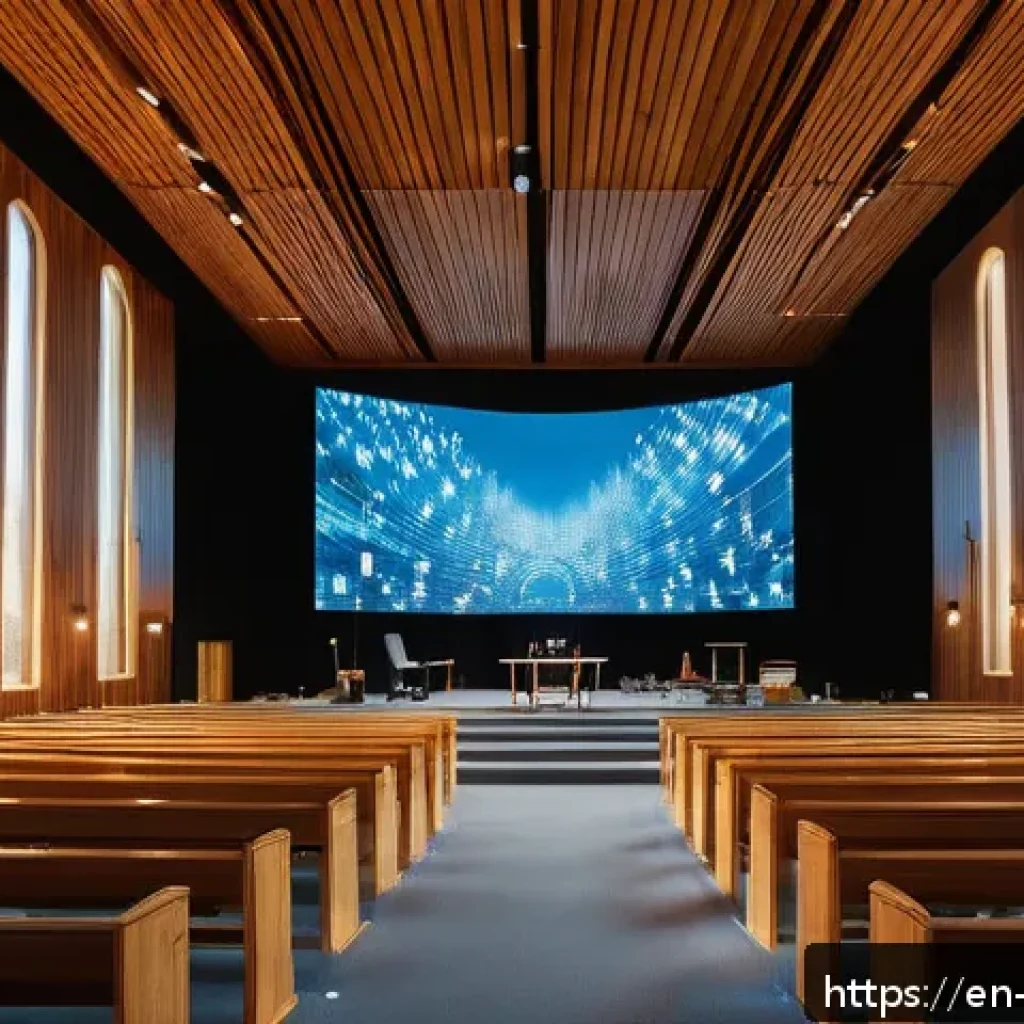 기독교와 음향기술 - A modern church interior during a worship service, featuring strategically placed overhead and wall-...
