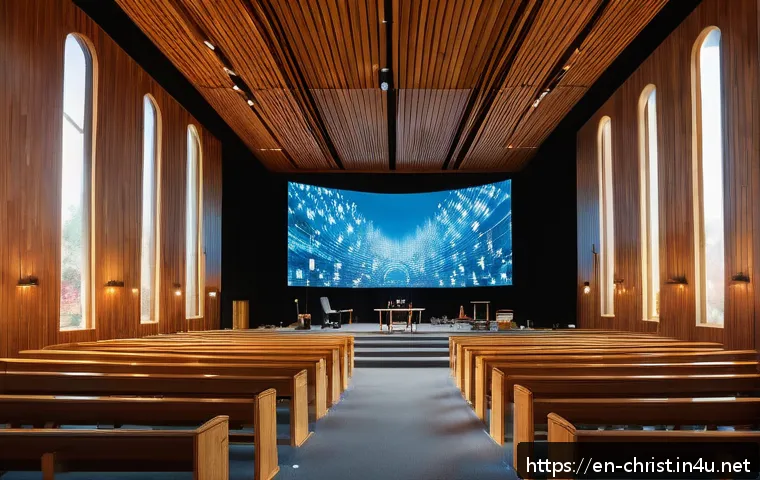 기독교와 음향기술 - A modern church interior during a worship service, featuring strategically placed overhead and wall-...
