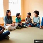 기독교와 사회복지 - A warm community center scene showing a diverse group of adults and children engaged in a compassion...