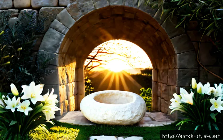 Home 13 기독교의 부활절 - Photorealistic Easter sunrise at a quiet stone garden tomb in the Holy Land, large round stone rolle...
