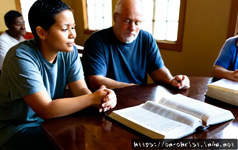 기독교와 정치 이슈 - Photorealistic editorial scene of a diverse group of adult church community members seated around a ...