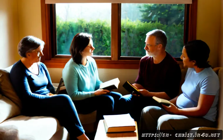 기독교와 소그룹 모임 - Photorealistic cozy Christian small-group gathering in a bright suburban living room, six diverse ad...