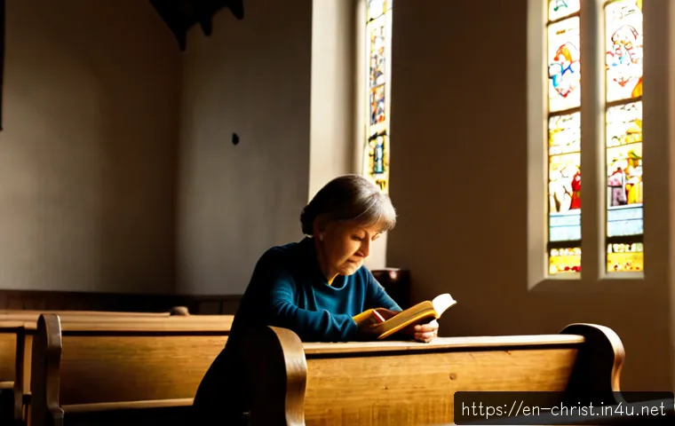 기독교와 내적 성찰 - Photorealistic quiet church interior at early morning, a middle-aged woman seated alone in a wooden ...